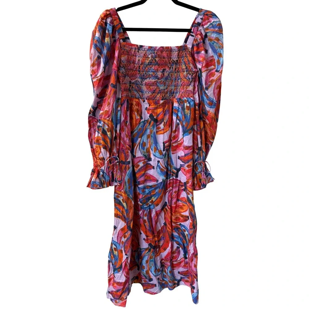 Farm Rio Tropical Banana Print Smocked Cotton Midi Dress Pink Orange Blue Small